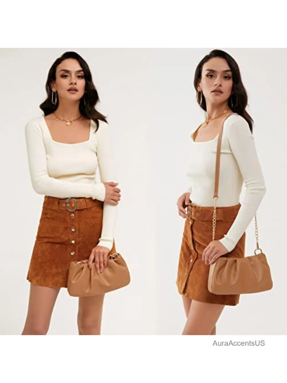 Vegan Leather Hobo Bag Crossbody Shoulder Handbag Ruched Pouch Clutch